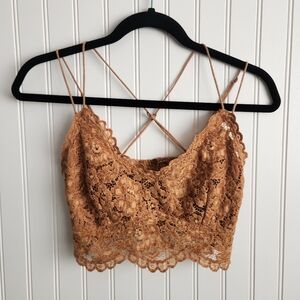 FREE PEOPLE Tan Floral Lace Smocked Cross Back Romantic Feminine Bralette Small